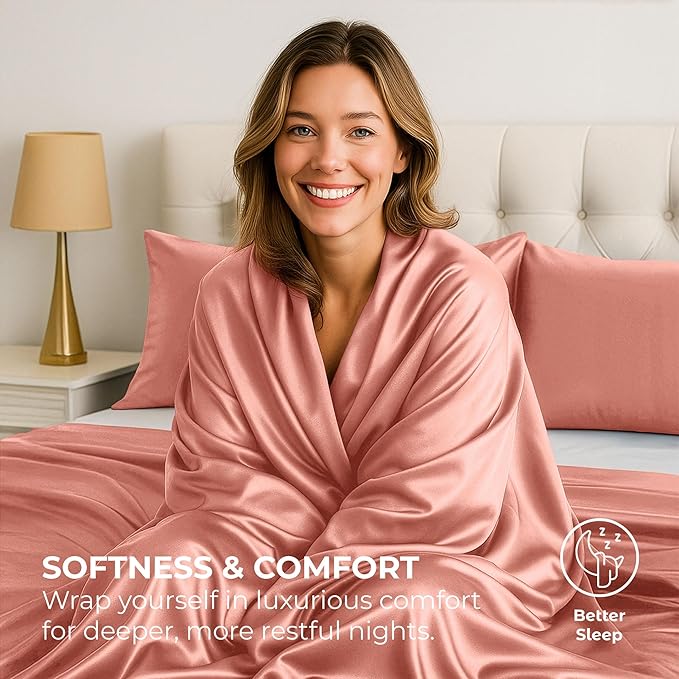 Satin Sheets Twin [3-Piece, Blush Pink] Hotel Luxury Silky Bed Sheets - Extra Soft 1800 Microfiber Sheet Set, Wrinkle, Fade, Stain Resistant - Deep Pocket Fitted Sheet, Flat Sheet, Pillow Cases
