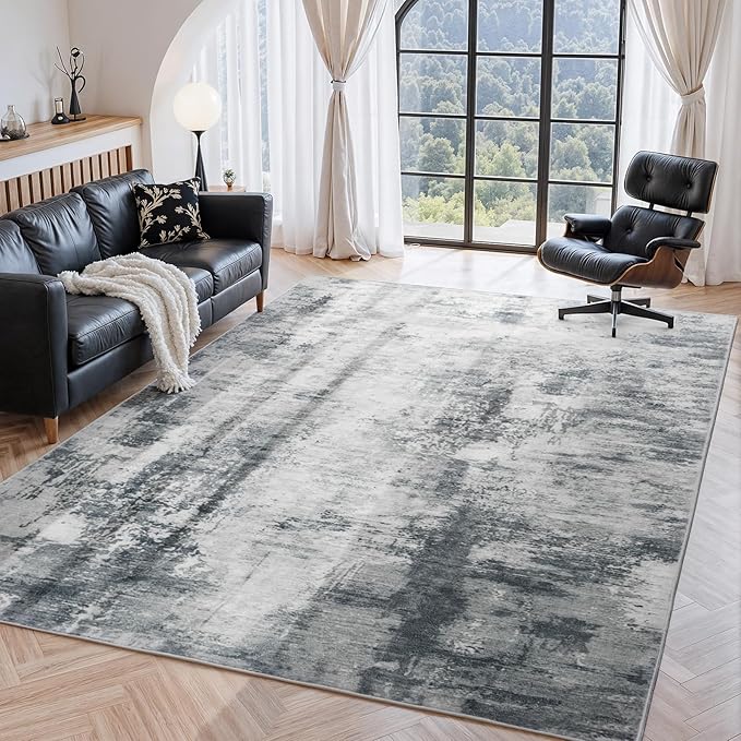 CRYPTOLITE Abstract Area Rug 5x7 Washable Rug with Non-Slip Backing Low Pile Area Rug Area Rugs for Living Room, Bedroom, Dining Room, Grey