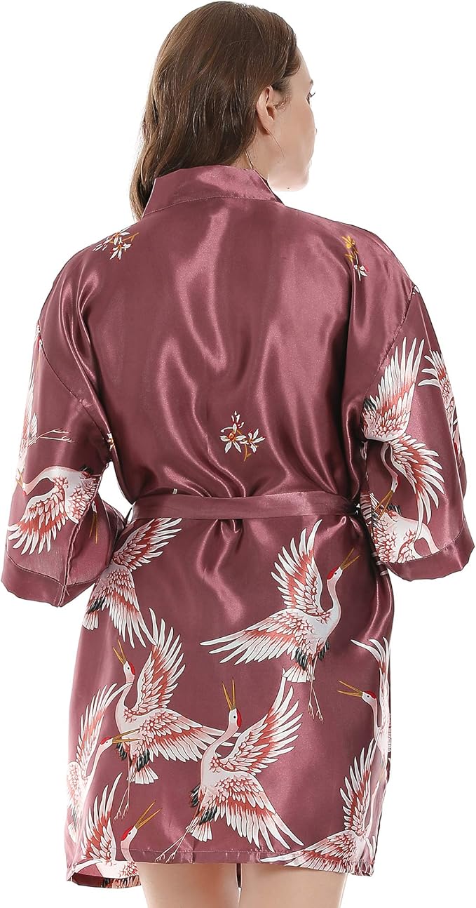 Women Kimono Robes Satin Dressing Gown Crane and Blossoms Sleep Lounge Nightwear Short Silk Bride Bridesmaid Robe