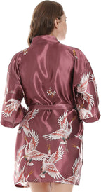 Women Kimono Robes Satin Dressing Gown Crane and Blossoms Sleep Lounge Nightwear Short Silk Bride Bridesmaid Robe