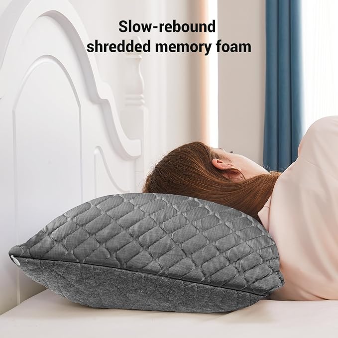 puredown® Pillows Queen Size Set of 2, Shredded Memory Foam Pillows, Cooling Foam Pillow for Sleeping, Soft Bed Pillow Queen Size with Adjustable Foam for Side, Back and Stomach Sleepers, Grey