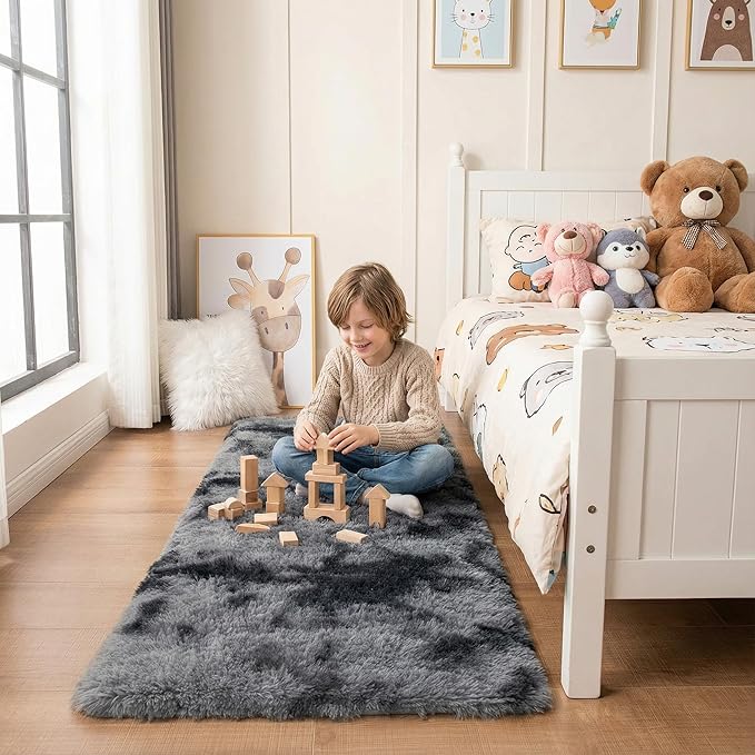 duduta Grey Plush Runner Rugs for Bedroom 2x6 ft, Tie Dye Fluffy Gray Shag Rug for Dorm Nursery Bedside, Machine Washable Non Slip