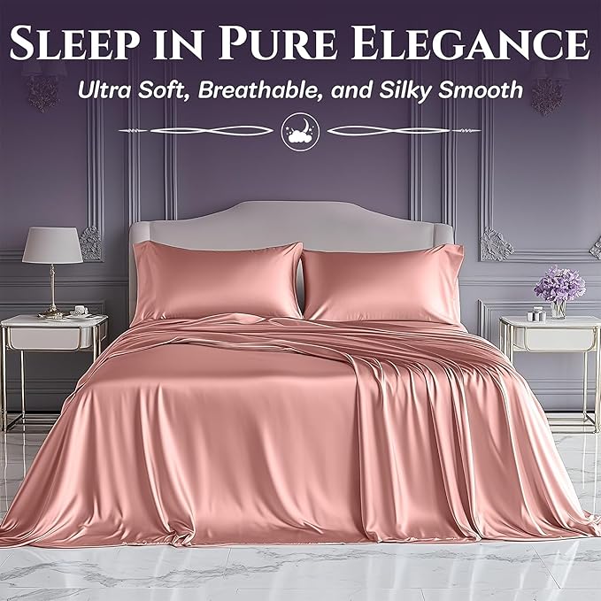 SLEEP SANCTUARY Satin Sheets Twin Size – 3 Piece Luxury Silky Bed Set, Softer Than Silk, 15" Deep Pocket, Cooling & Wrinkle-Free, Moisture-Wicking & Breathable for Hair & Skin (Blush Pink)