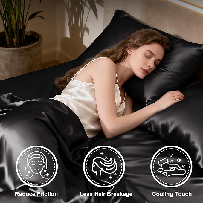 Love's cabin Satin Queen Sheets Set - 4 Piece Black Silky Bed Sheets Set with Deep Pocket, Luxury Silk Feel Satin Queen Size Sheet Set (1 Flat Sheet,1 Fitted Sheet,2 Pillow Cases)