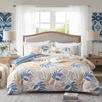 ALEISSEL Blue Botanical Cotton Comforter King Size - 3PC Lightweight Bedding Sets with Ultra-Soft Alternative Fill, Reversible Design with Leaf Pattern, Dark Blue & White (1 Comforter, 2 Pillowshams)