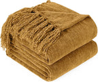 Chenille Throw Blanket for Couch with Tassels,50"X60" Soft Cozy Lightweight Knitted Boho Decorative Blankets for Bed and Sofa,Yellow