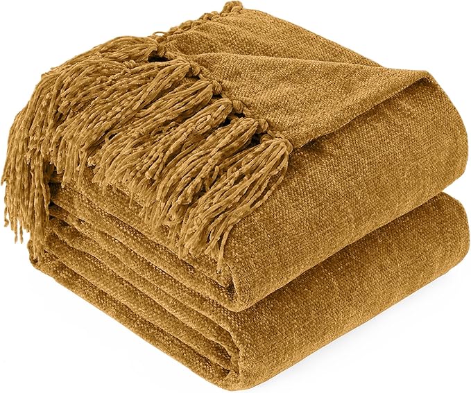 Chenille Throw Blanket for Couch with Tassels,50"X60" Soft Cozy Lightweight Knitted Boho Decorative Blankets for Bed and Sofa,Yellow