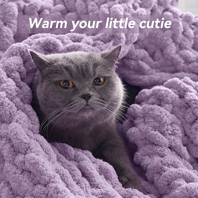 Negwoo Chunky Knit Throw Blanket, 60''*80'' Knitted Throw Chenille Yarn for Bed Couch, Handmade Light Purple Crochet Big Thick Blanket, Machine Washable Cute Comfy Blanket for Home Decor
