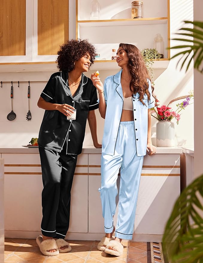 Ekouaer Satin Pajamas Set Women Short Sleeve Sleepwear Soft Button Down Loungewear Pjs Set