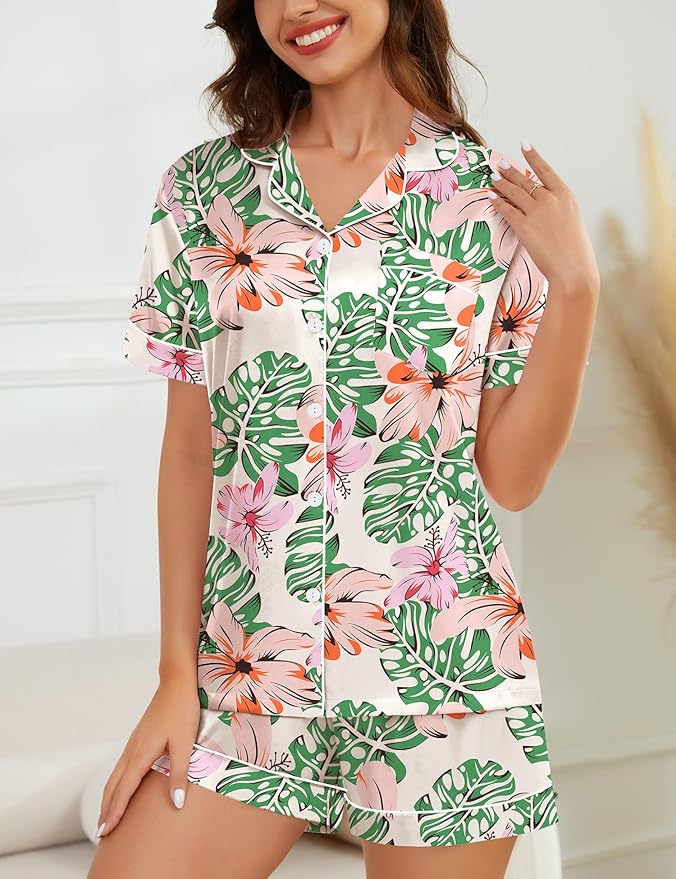 SWOMOG Womens Silk Satin Pajamas Set Short Sleeve Sleepwear Button Down Top and Shorts Loungewear 2 Piece Pjs Set XS-3XL