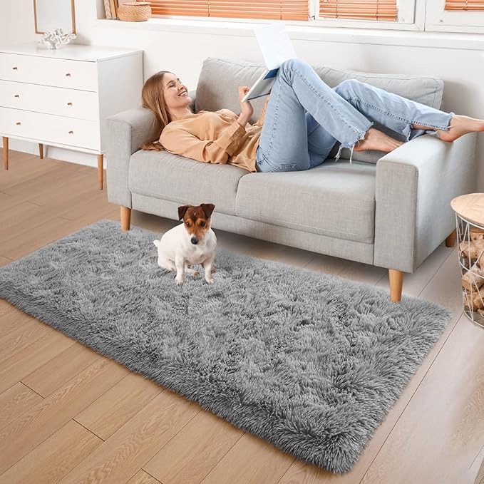 YJ.GWL Runner Rugs for Hallway, 2x4 Washable Small Grey Bedside Rugs for Living Room Bedroom, Soft Fluffy Shaggy Indoor Floor Carpet for Kids Boy and Girls Room Nursery Home Decor Aesthetic