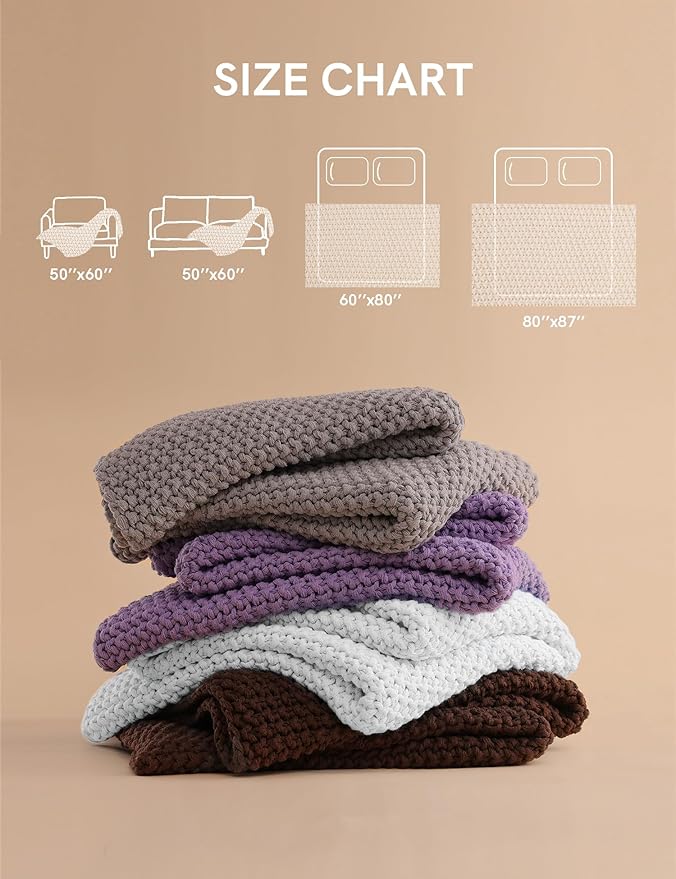 YnM Chunky Cotton Knit Throw Blanket, Cable Knit Throws for Bed Couch Sofa, Comfy & Relaxing, Decorative Piece for Farmhouse Modern Boho Rustic Scandinavian Chic Vibe, White 60x80 Inches