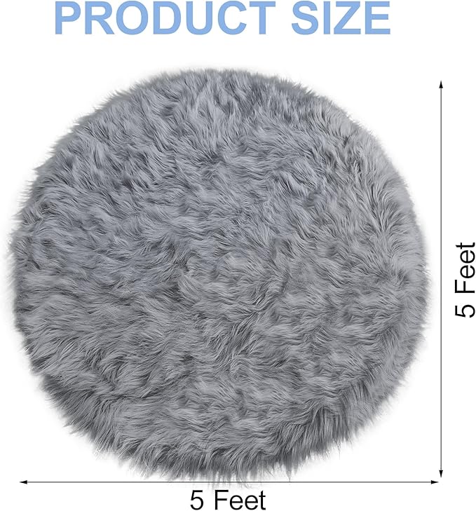 Grey Faux Fur Round Rugs for bedroom Living Room, 5'X5' Fluffy Circle Rug for Kids Room, Furry Carpet for Teen Girls/boys Room, Non-Slip Shaggy Circular Rug Plush Rug