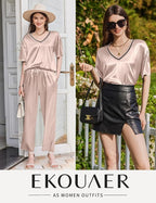 Ekouaer Satin Pajama Set for Women Short Sleeve Silky Pjs 2 Piece Lounge Sets Soft Comfy Sleepwear Loungewear S-XXL