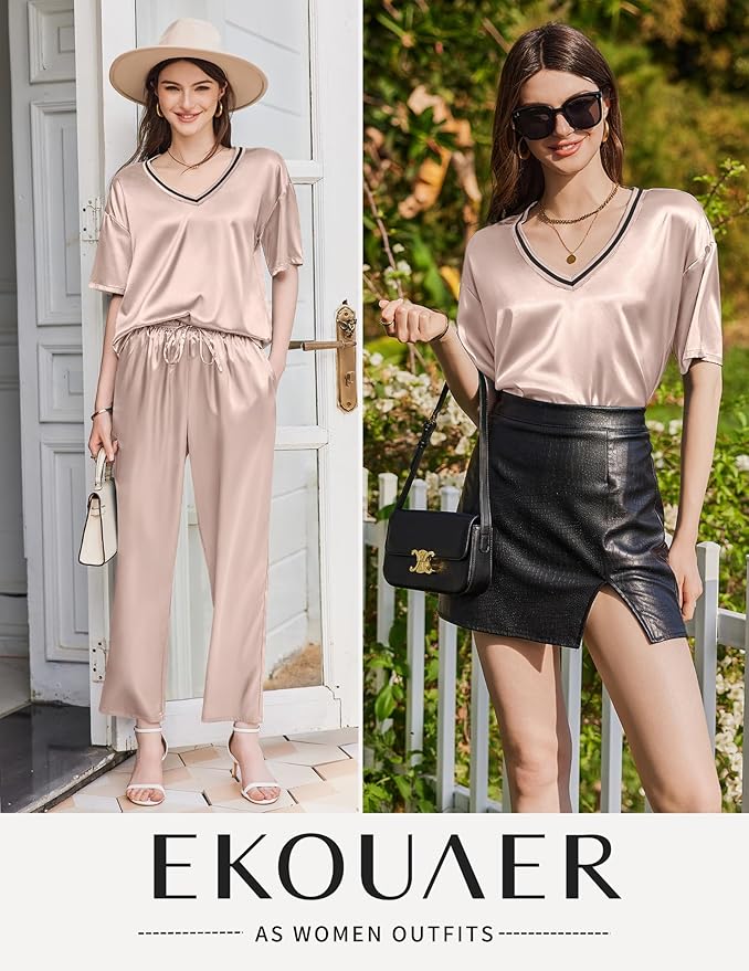 Ekouaer Satin Pajama Set for Women Short Sleeve Silky Pjs 2 Piece Lounge Sets Soft Comfy Sleepwear Loungewear S-XXL