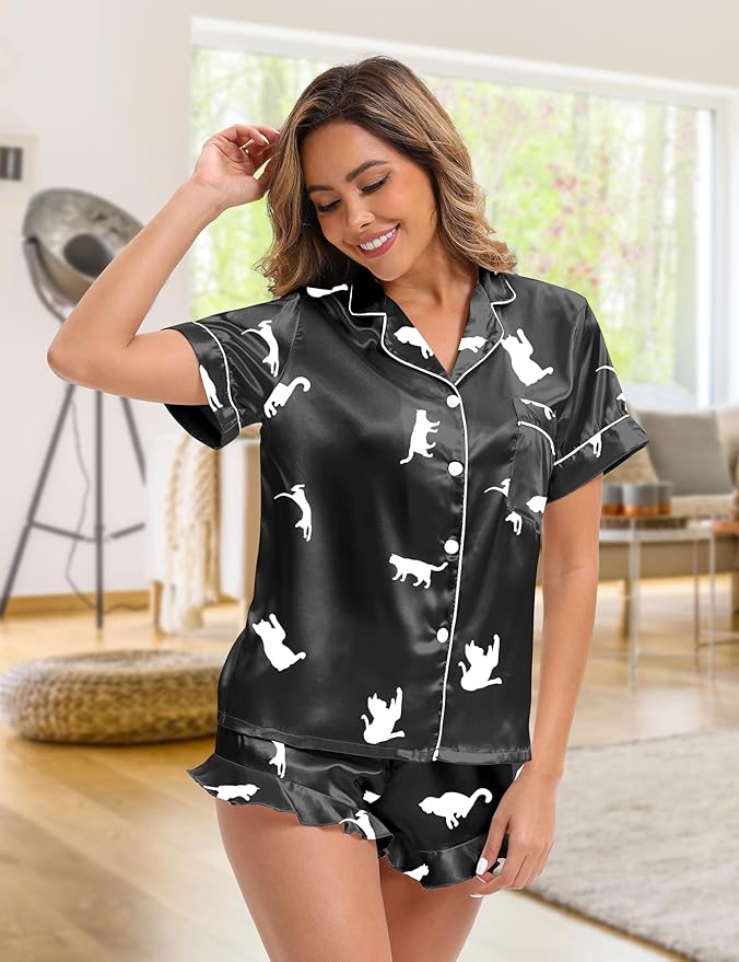 Silk Satin Pajama Set for Women 3-piece Short Sleeve Pajama with Pants Ruffle Shorts Cute Pj Set Button Down Sleepwear