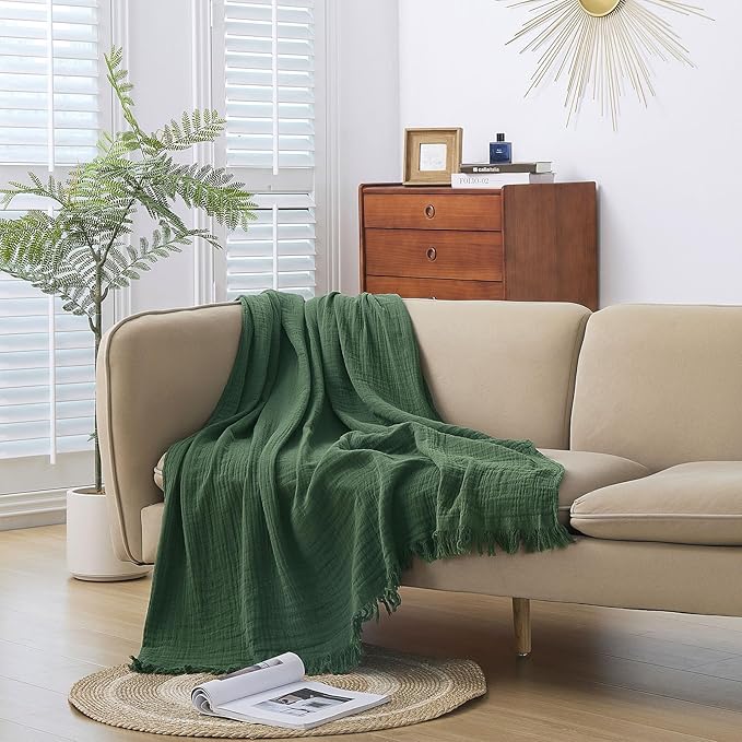 Cotton Muslin Throw Blanket with Tassels, Lightweight Woven Gauze, Pre-Washed Breathable Farmhouse Decor for Bed, Couch, All-Season Use (Olive Green, 60" x 80")