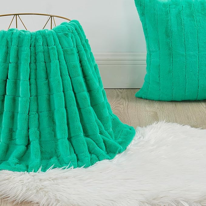 Striped Throw Blanket and Pillow Covers Set (No Inserts) for Couch and Bed, Plush Warm Lightweight Fuzzy Faux Fur Blanket for All Seasons (50" x 60", Green)