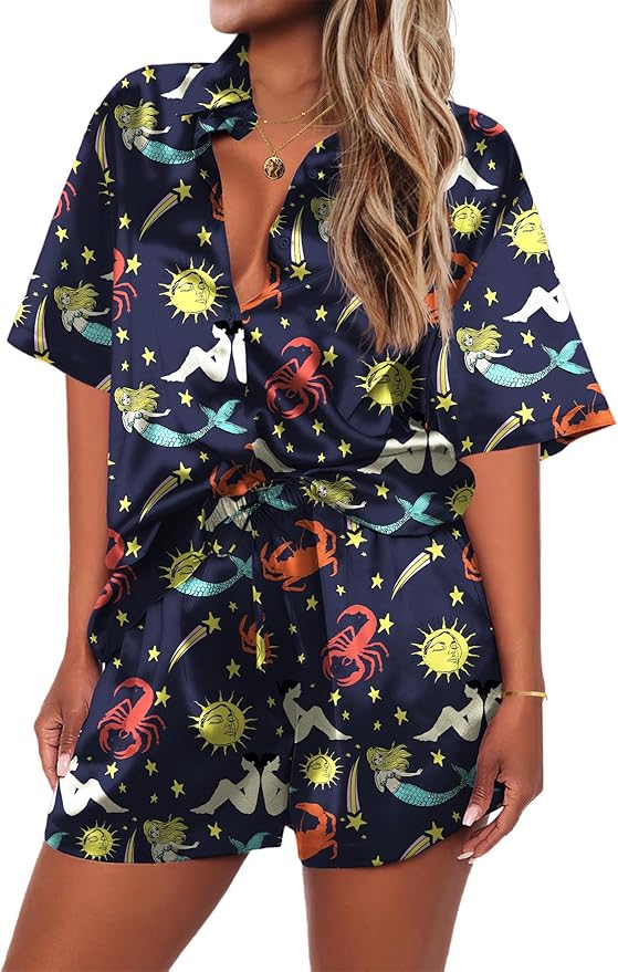 Ekouaer Pajamas for Women Silk Satin Pjs Soft Sleepwear Short Sleeve Button Down Pjs Top and Shorts 2 Piece Lounge Set S-XXL