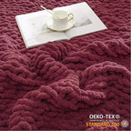 WESHIONGOO Chunky Knit Blanket Throw 51"×63" Knitted Throw Blankets for Couch Bed Fluffy Soft Blanket with Jumbo Chenille Yarn Thick 100% Handmade(Burgundy Red)