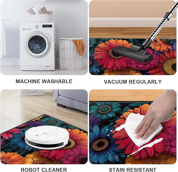 Flower Area Rug 2x3 ft Entry Rug Washable BohemianRugs Non Slip Low Pile Floral Door Mat Small Carpet for Bedroom, Bedside, Kids Room, Office, Dining Room