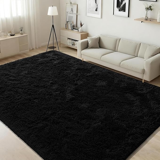 ISEAU Black Rug for Living Room, Fluffy 5x8 Feet Area Rug Carpets Soft Shaggy Rugs for Bedroom, Fuzzy and Comfy Shag Large Rug for Teen's Dorm Boys Kids Nursery Room Decor