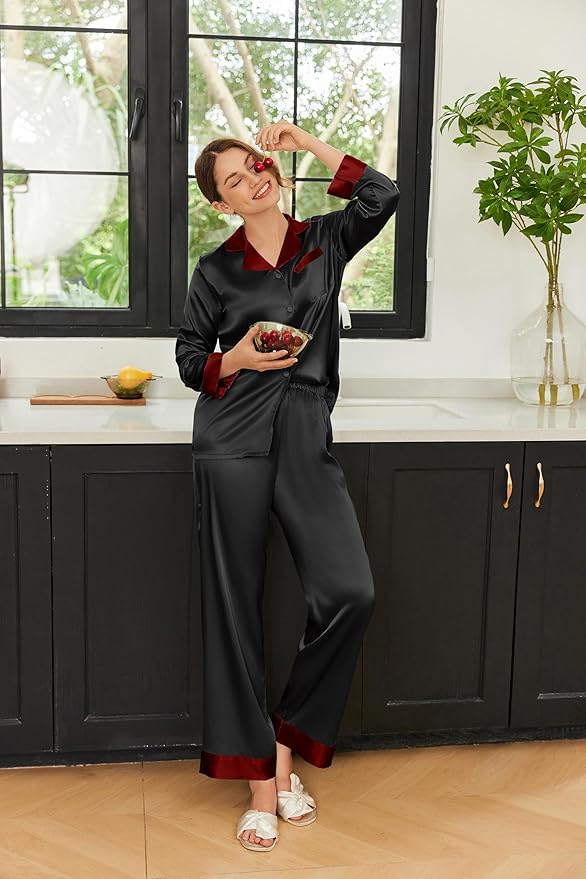 Ekouaer Silk Pajamas for Women Long Sleeve Satin Pajama Set Silky Pj Sets 2 Piece Button Down Loungewear Sleepwear