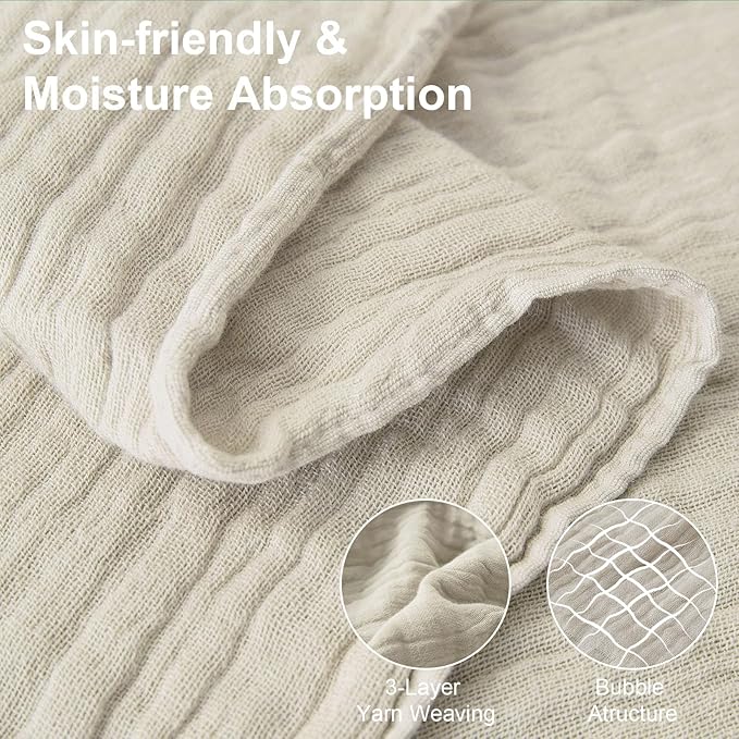 Cotton Muslin Throw Blanket with Tassels, Lightweight Woven Gauze, Pre-Washed Breathable Farmhouse Decor for Bed, Couch, All-Season Use (Beige, 50" x 60")