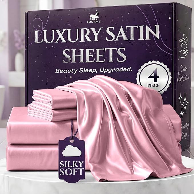SLEEP SANCTUARY Satin Sheets Full Size – 4 Piece Luxury Silky Bed Set, Softer Than Silk, 15" Deep Pocket, Cooling & Wrinkle-Free, Moisture-Wicking & Breathable for Hair & Skin (Pink)
