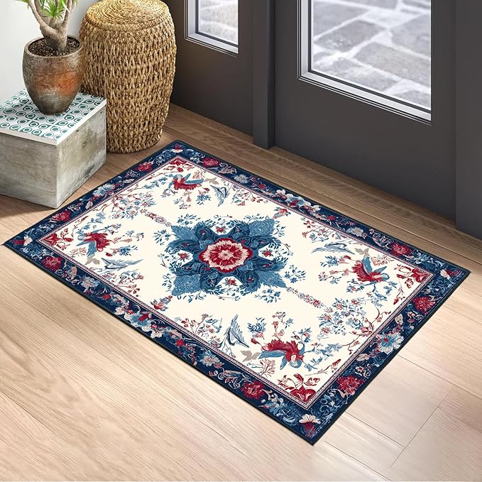 Area Rug 2x3 ft Entry Rug Washable Boho Rugs Non Slip Low Pile Floral Door Mat Small Carpet for Nursery, Bedroom, Bedside, Kids Room, Office, Dining Room