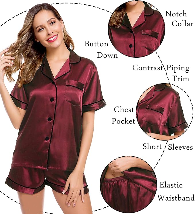 LecGee Womens Silk Satin Pajamas Short Sleeve Loungewear Two-Piece Sleepwear Button-Down Pj Set