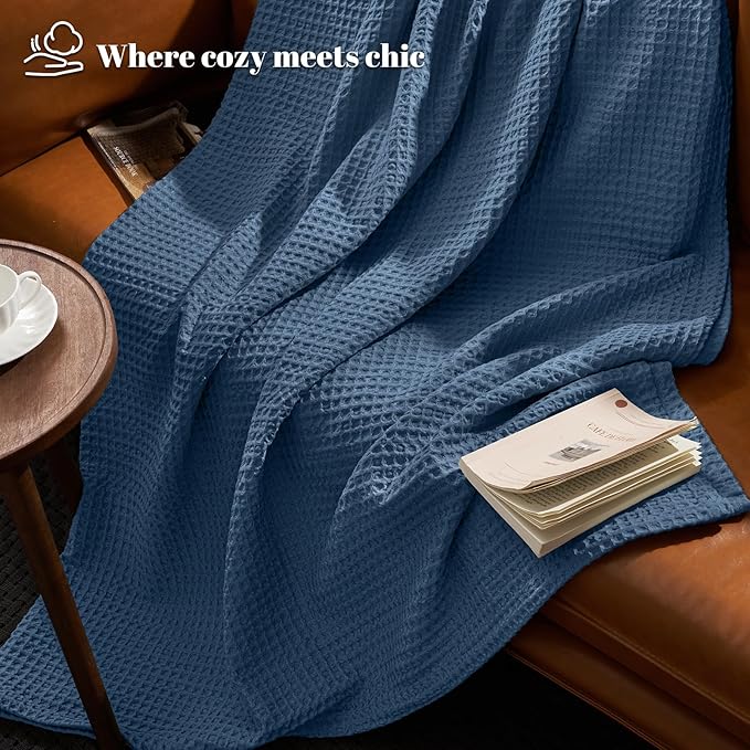 PHF Ultra Soft Waffle Weave Blanket Twin Size 66"x 90"- Washed Lightweight Breathablee Cozy Woven Blanket - Great for Couch Bed Sofa Home Car - Navy Blue