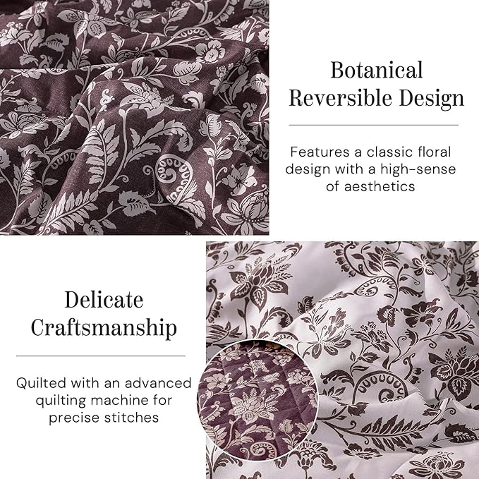 BLOOMHAVEN Quilt Set King Size, Italian Plum Floral Quilt Sets, Reversible Bedspread Lightweight and Breathable for All Seasons, Soft Quilted Bedspread with 2 Pillow Shams