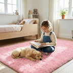 junovo Pink Washable Area Rug for Girls Bedroom Living Room, 5x8 Soft Non-Slip Fluffy Rugs, Shag Plush Memory Foam Carpet for Kids Room Baby Nursery Home Decor