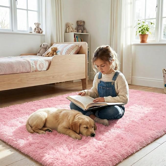 junovo 8x10 Pink Washable Area Rug for Girls Bedroom Living Room, Soft Non-Slip Fluffy Rugs, Shag Plush Memory Foam Carpet for Kids Room Baby Nursery Home Decor
