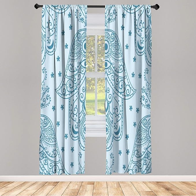 Lunarable Hamsa Window Curtains, Egyptian Boho Hand Shape Pattern Eye Design Bridal Night Inspired Art, Lightweight Decorative 2-Panel Set & Rod Pocket, Pair of - 28" x 84", Pale Blue