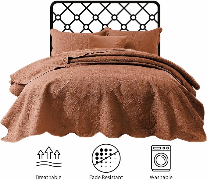 IR Imperial Rooms Twin Quilt Bedding Set Size (68” x 86”) + 1 Pillow Shams (20” x 26” + 2”) - 2 Pcs All Season Lightweight Reversible Microfiber Coverlet Floral Embossed Quilt Bedspread (Rust)