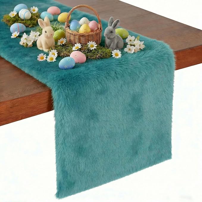 duduta Teal Blue Faux Fur Table Runner 72 inches Long, Fluffy Dresser Runner Covers Spring Easter Home Decor