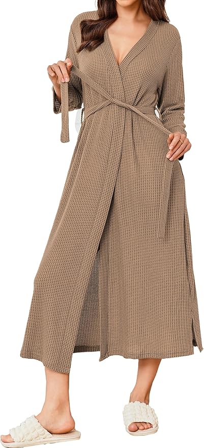 Ekouaer Women's Robe Long Waffle Knit Bathrobe Lightweight Soft Kimono Robes Loungewear S-XXL