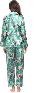 SWOMOG Womens Silk Satin Pajamas Set Long Sleeve Button Down Sleepwear 2 Piece Lounge Set Pj Set XS-3XL