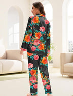 EPLAZA Silk Pajamas for Women Satin Pajamas Set 5 Pcs Long Sleeve Print Pattern Button Down Pjs Sleepwear Loungewear Set