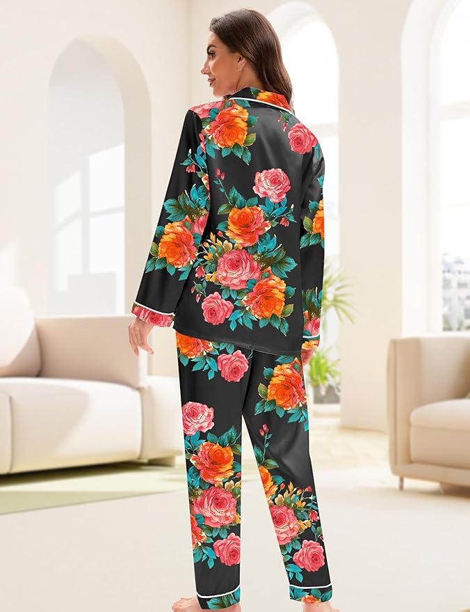 EPLAZA Silk Pajamas for Women Satin Pajamas Set 5 Pcs Long Sleeve Print Pattern Button Down Pjs Sleepwear Loungewear Set