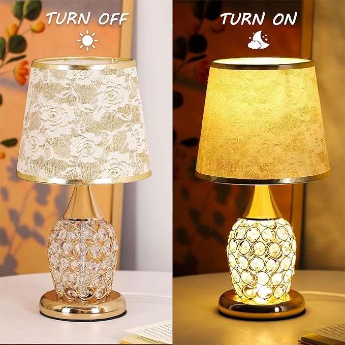 WSYEAR Crystal Table Lamp, Modern Lamp with Rose Flower Shade, LED Night Light with On/Off Switch Crystal Lamp for Living Room, Girl Bedroom, Dresser, Office