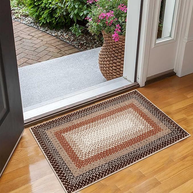 RUGSREAL Entryway Area Rug 2x3 Small Machine Washable Bedroom Rug Non Slip Bathroom Mat Stain Resistant Kitchen Rug Farmhouse Carpet Modern Rustic Area Rug for Living Room Dining Room, Brown/Rust