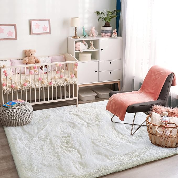 Jelymark Super Soft Shaggy Rug for Bedroom, 6x9 Feet Fluffy Carpet for Living Room, Fuzzy Indoor Plush Area Rug for Home Decor, Furry Floor Rugs for Dorm, Kids Nursery Rug for Girls, Cream White