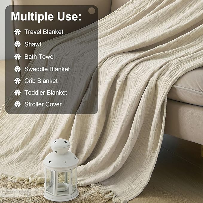Cotton Muslin Throw Blanket with Tassels, Lightweight Woven Gauze, Pre-Washed Breathable Farmhouse Decor for Bed, Couch, All-Season Use (Beige, 50" x 60")
