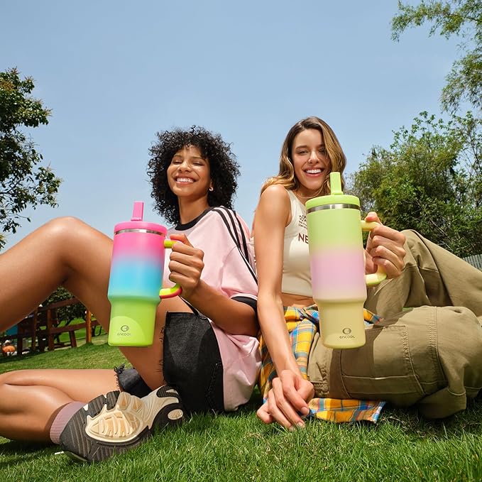 ENCOOL 32 oz Tumbler with Handle and Straw: Stainless Steel Insulated Tumbler Keeps Cold for 24 Hours, Leakproof Travel Cup Fits in Cup Holder and BPA-Free, Lime Sorbet
