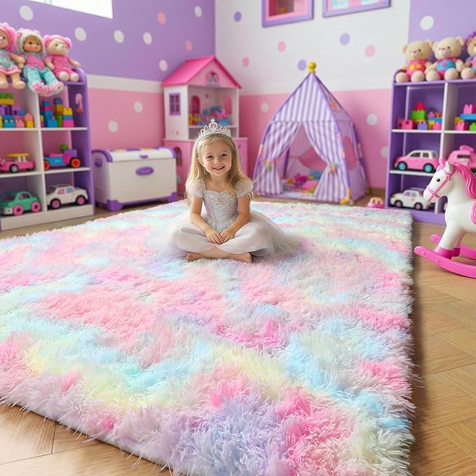 Rainbow Pastel Kids Rugs for Toddler Girls Bedroom, Cute Unicorn Room Decor, Fluffy Furry Shag Area Rugs for Classroom Dorm Nursery Playroom, Fuzzy Kawaii Floor Colorful Carpet for Baby Teen, 4x6 Rug