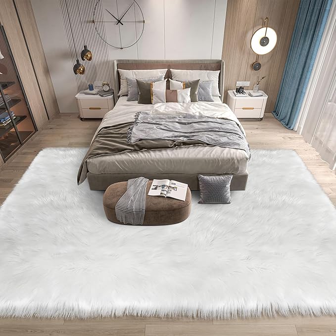 White Faux Fur Sheepskin Rug 6x9 Fuzzy Fur Rug Fluffy Carpet for Living Room Bedroom Luxury Room Decor, Washable Large Area Rugs for Kids Room Nursery Playroom