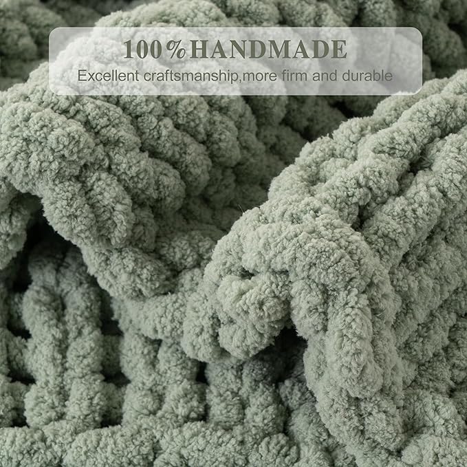 Bunnikins & Clover Sage Green Throw Blanket for Couch, Chunky Knit Blanket Throw with Chenille Yarn for Bed Living Room Home Decor, 50"x60"